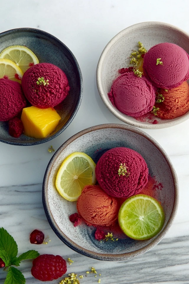 Plant-Based Sorbet Trio: Refreshing Fruity Delights