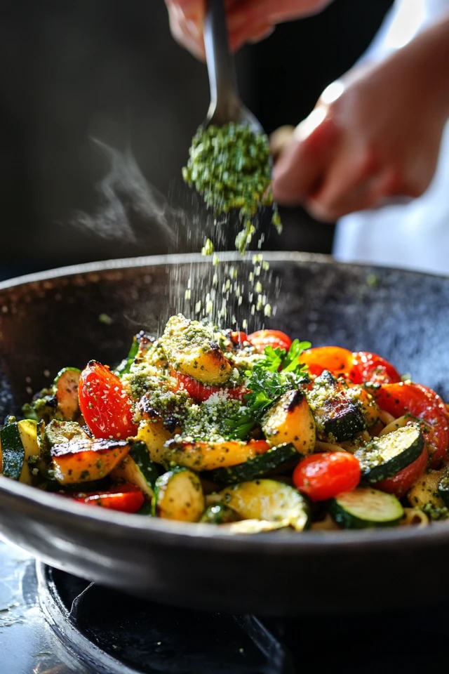 Vegan Italian Pasta Primavera with Roasted Vegetables and Pesto