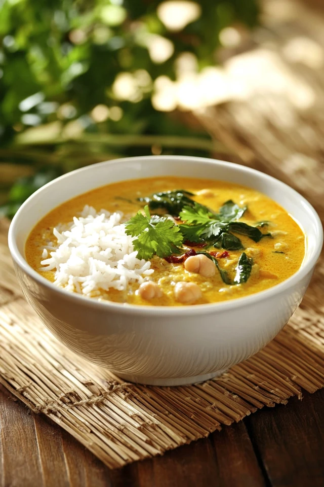 Golden Coconut & Chickpea Curry with Spinach and Rice