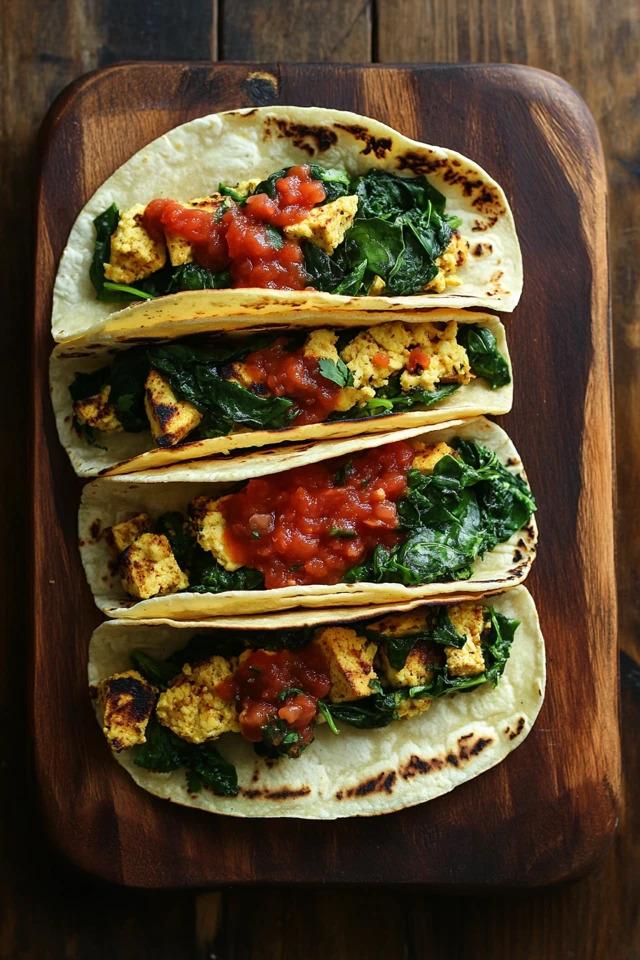 Vegan Breakfast Tacos with Scrambled Tofu, Spinach, and Salsa