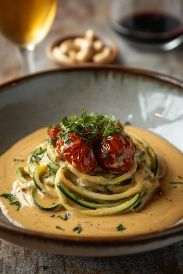 Vegan Zucchini Noodles with Creamy Cashew Alfredo Sauce