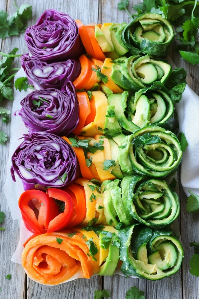 Colorful Vegan Rainbow Wraps with Crunchy Veggies and Hummus