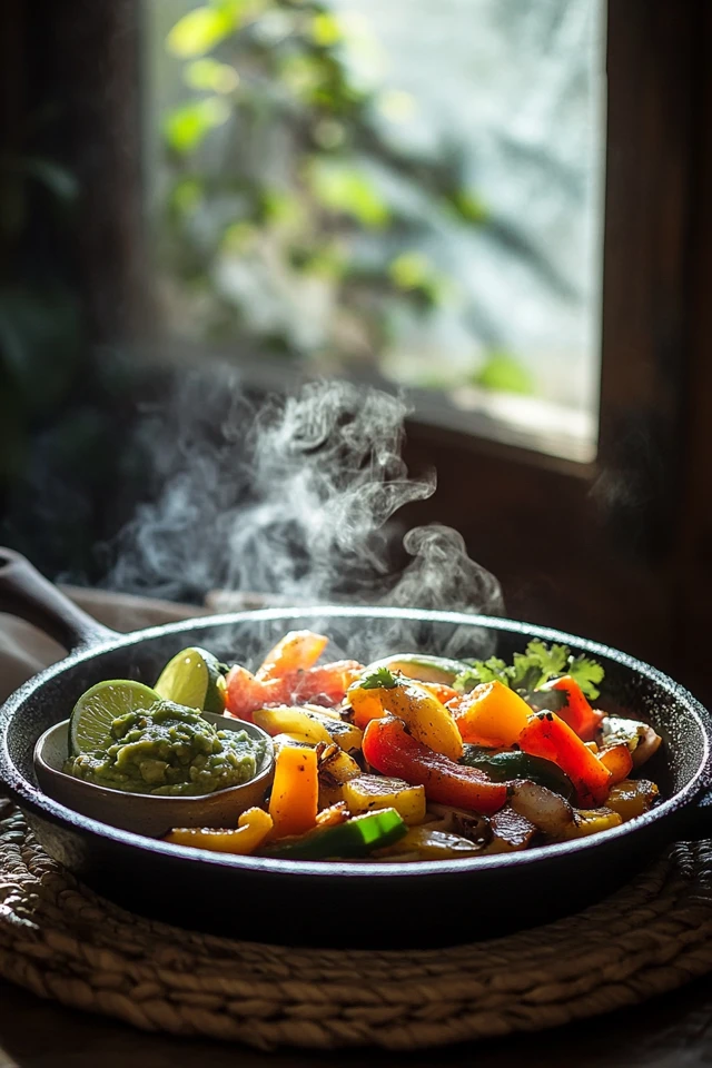 Sizzling Vegan Fajitas with Bell Peppers, Onions, and Guacamole