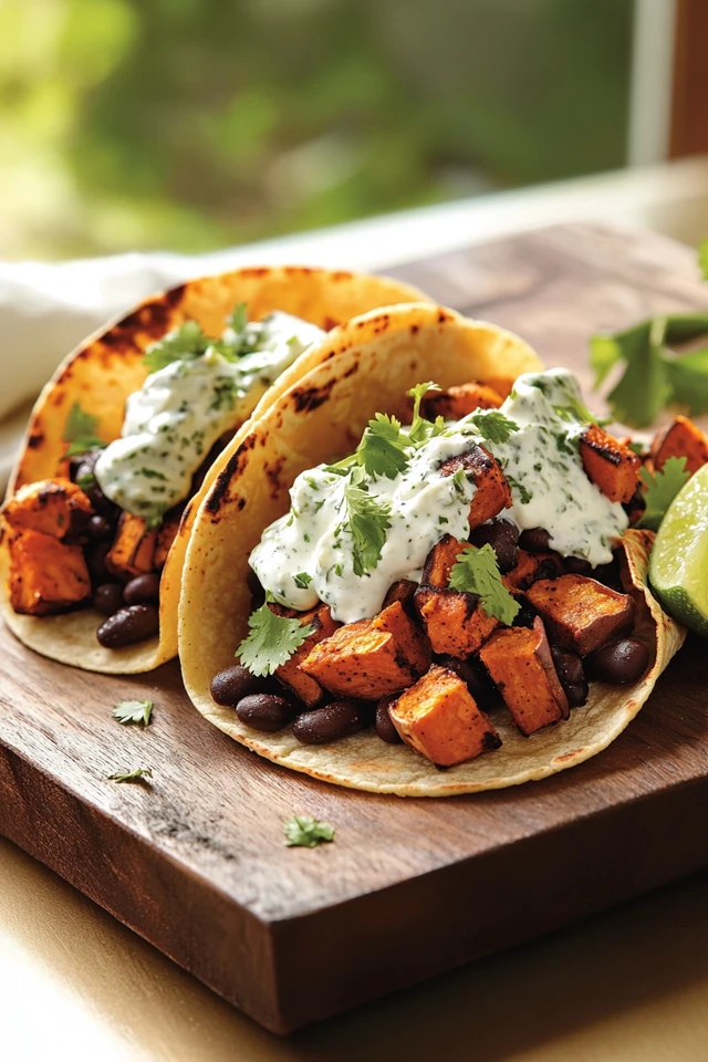 Golden Sweet Potato & Black Bean Tacos with Cilantro-Lime Crema