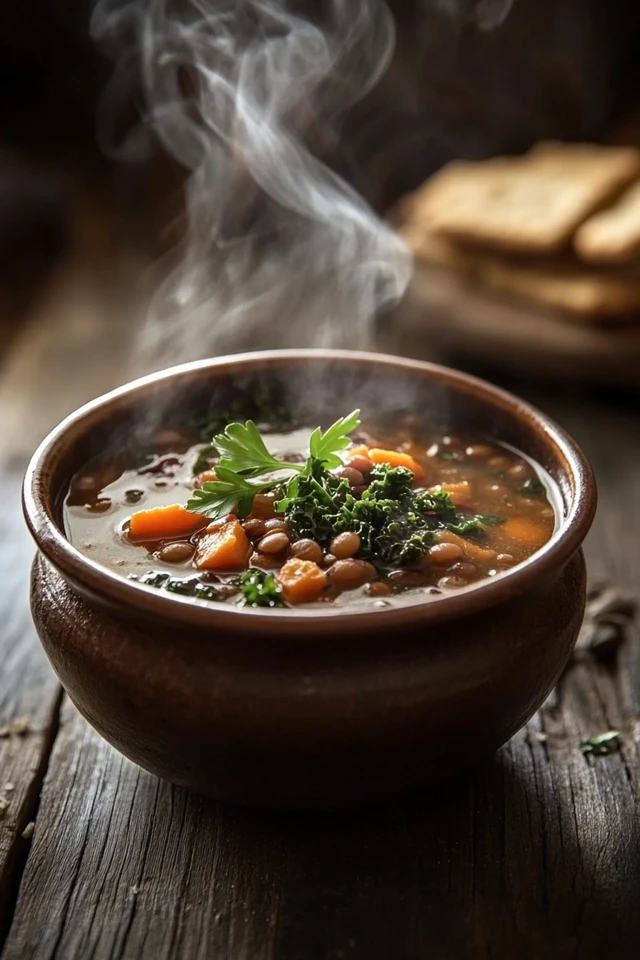 Hearty Vegan Lentil & Kale Soup with Sweet Potatoes