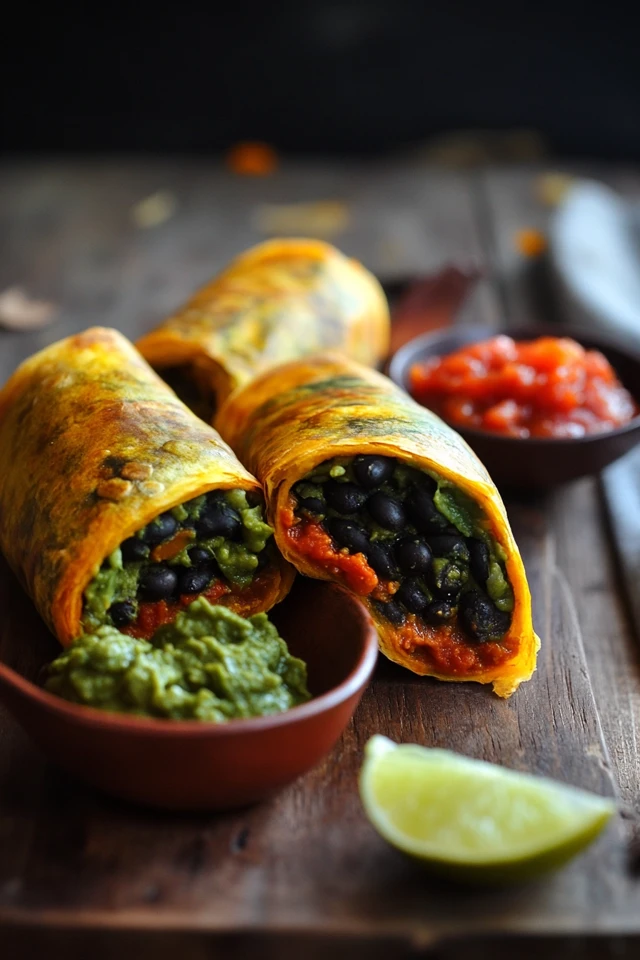 Vegan Breakfast Burrito with Black Beans, Guacamole, and Salsa