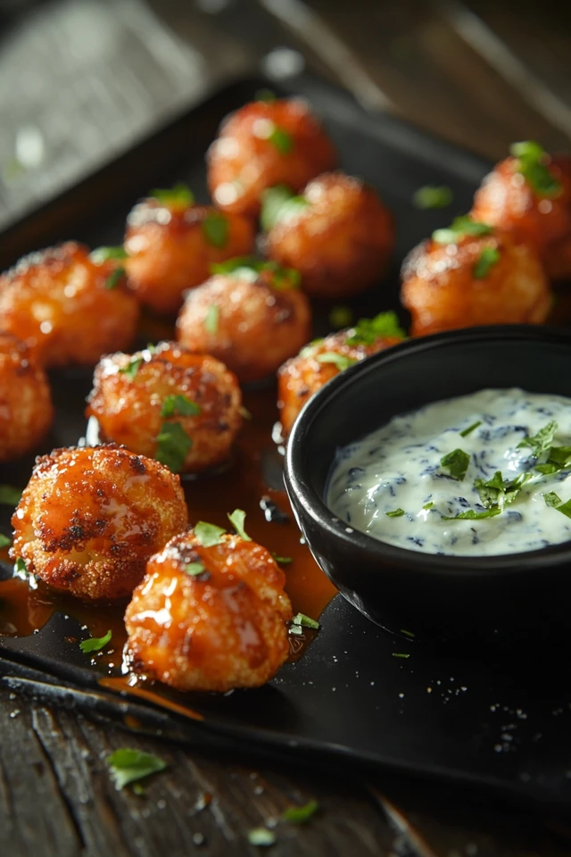 Vegan Buffalo Cauliflower Bites with Blue Cheese Dip