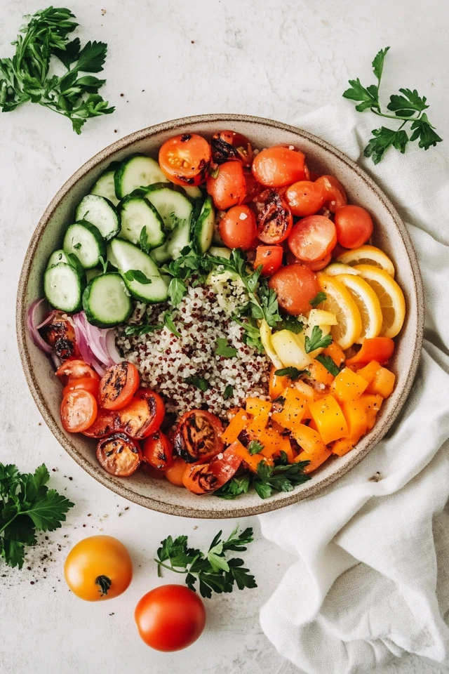 Vibrant Vegan Quinoa Salad with Roasted Vegetables & Lemon Dressing