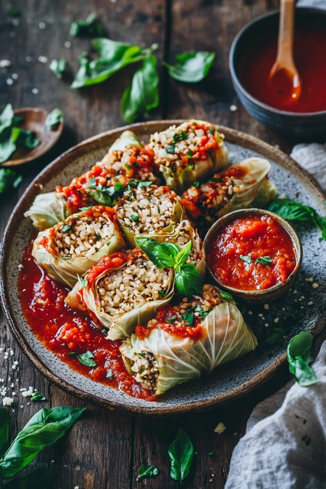 Fresh Vegan Cabbage Rolls with Tempeh, Rice, and Tomato Sauce