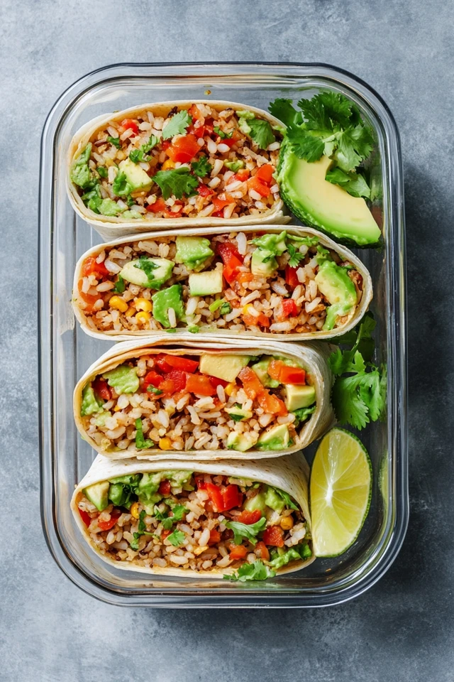 Vegan Burrito Meal Prep with Brown Rice, Avocado, and Salsa