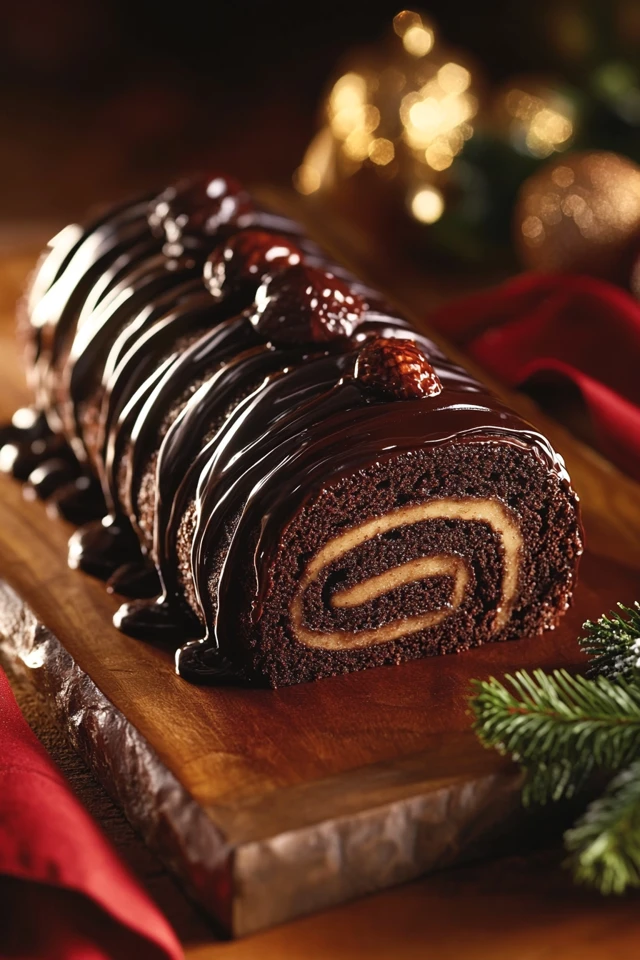 Vegan Chocolate Yule Log Cake with Hazelnut Ganache