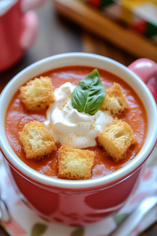 Easy Vegan Creamy Tomato Soup with Basil and Garlic Croutons