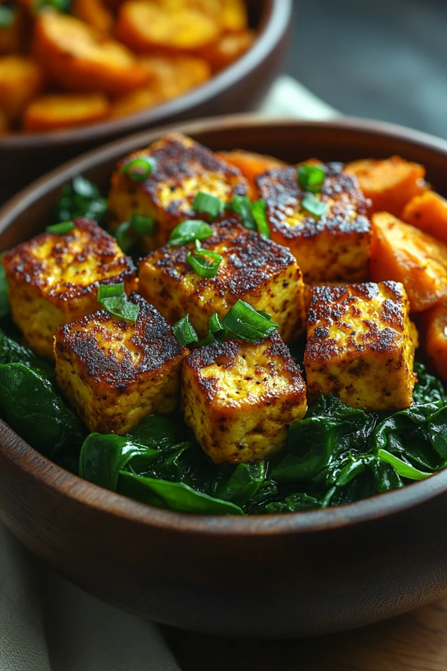 Simple Vegan Tofu Scramble Bowls with Spinach and Sweet Potatoes