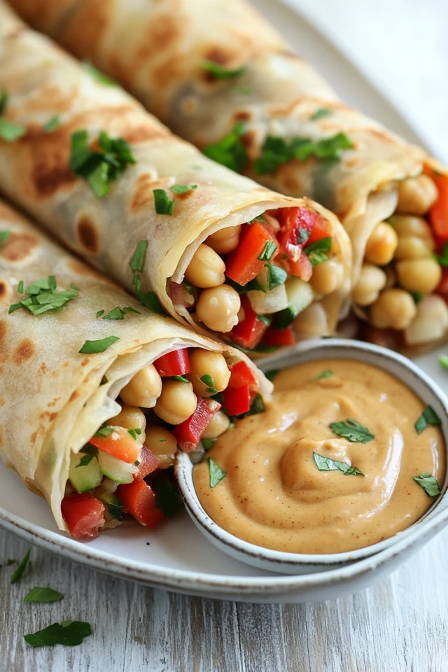 Crispy Vegan Chickpea & Rice Paper Wraps with Peanut Dipping Sauce