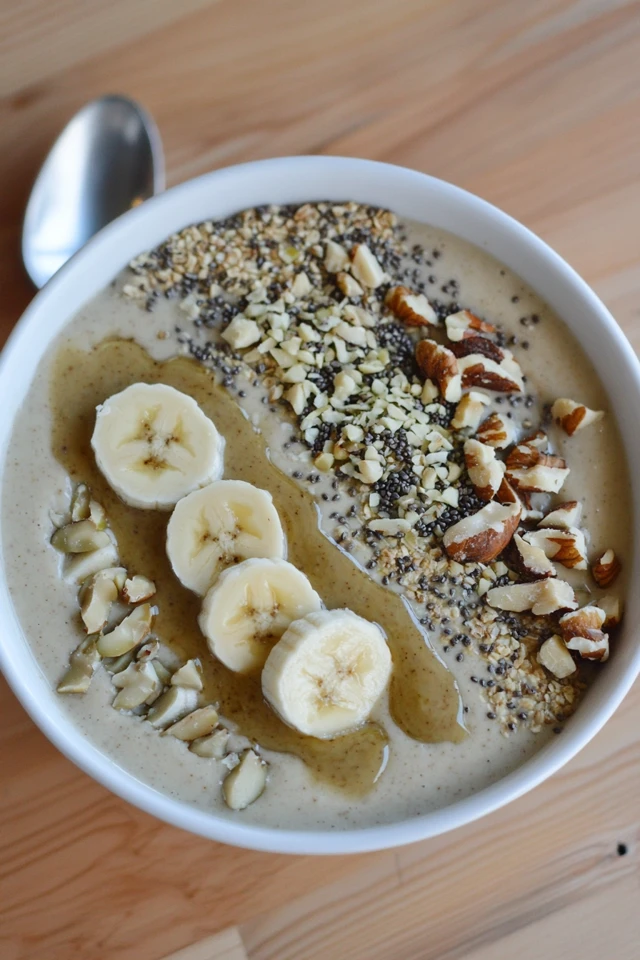 Vegan Banana Nut Smoothie Bowl with Hemp Seeds and Almond Butter