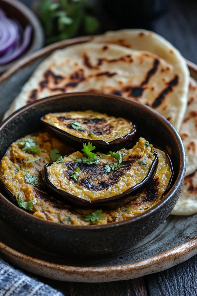 Vegan Indian Baingan Bharta with Garlic Roti