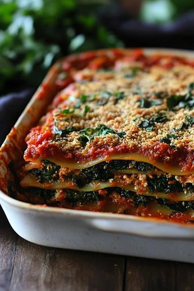 Rustic Vegan Lasagna with Spinach, Tofu Ricotta, and Marinara Sauce