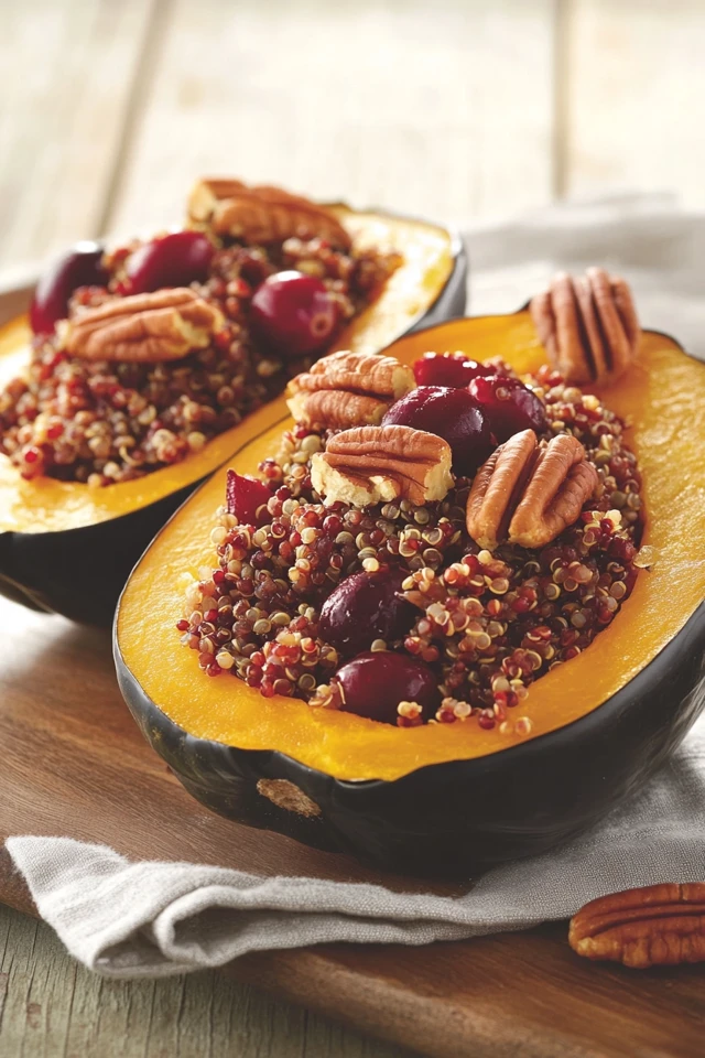 Vegan Stuffed Acorn Squash with Cranberries, Pecans, and Quinoa