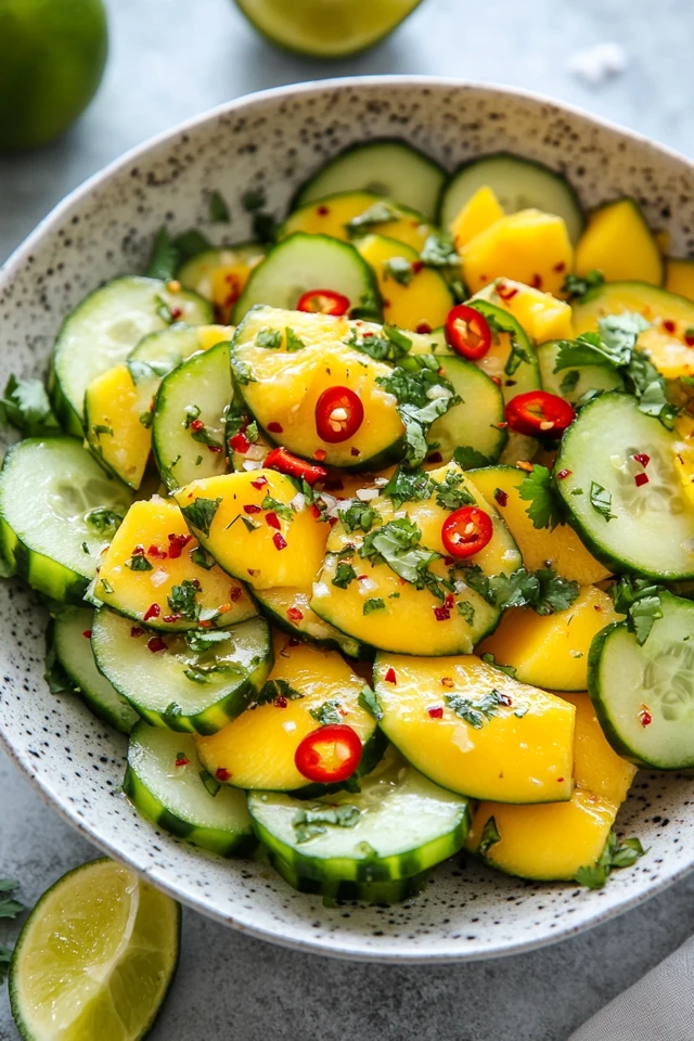 Tangy Vegan Cucumber & Mango Salad with a Spicy Lime Dressing