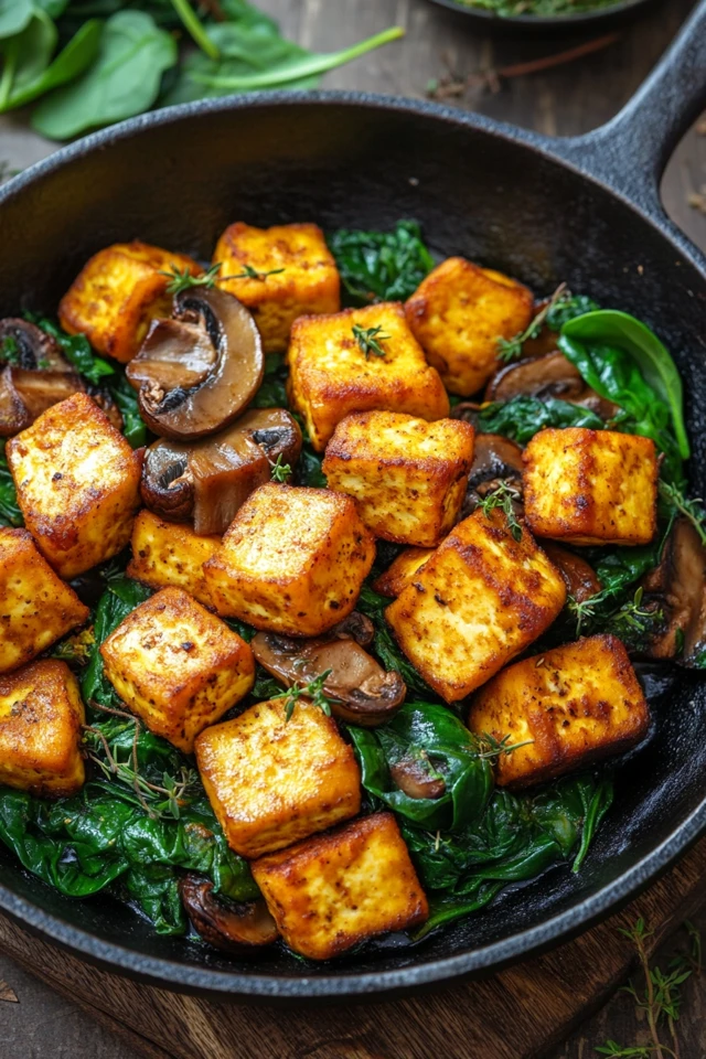 Vegan Tofu Scramble with Spinach, Mushrooms, and Turmeric