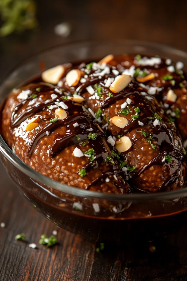 Vegan Chocolate Chia Pudding with Coconut Flakes and Almonds