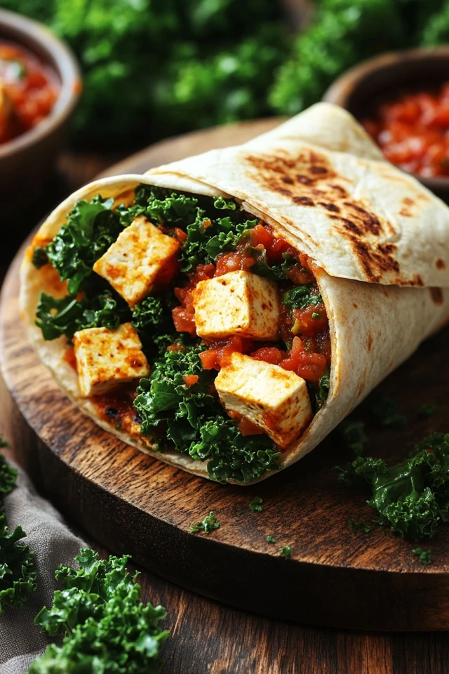 Vegan Tofu and Kale Breakfast Wrap with Spicy Salsa