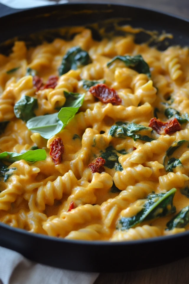 Creamy Vegan Pumpkin Alfredo with Spinach and Sun-Dried Tomatoes