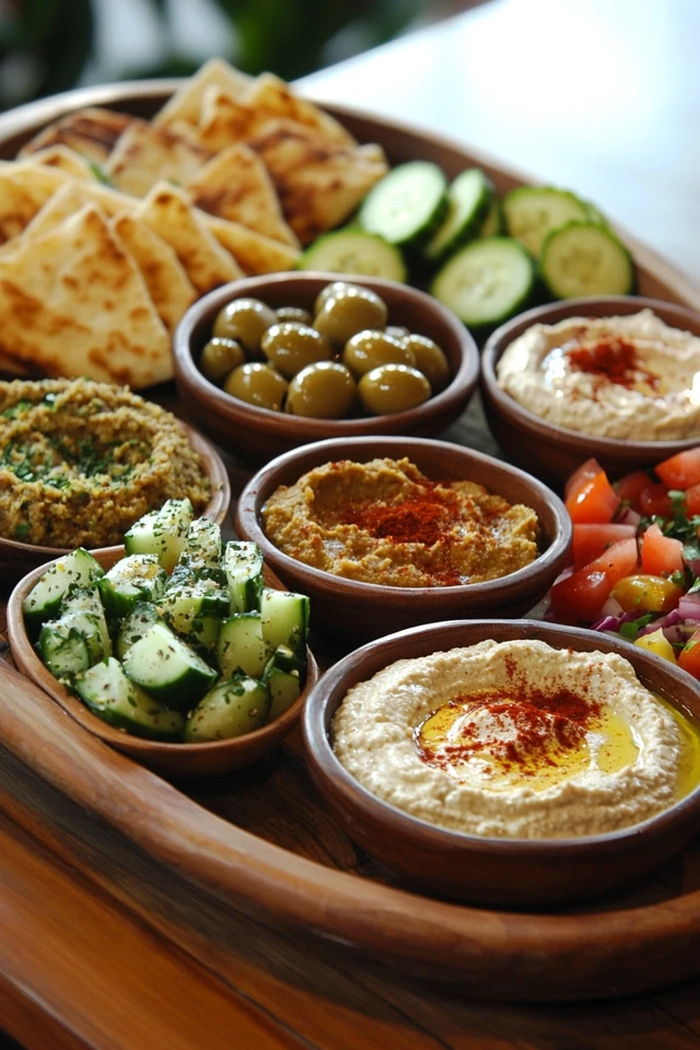 Vegan Mediterranean Mezze Platter with Hummus, Baba Ganoush, and Falafel