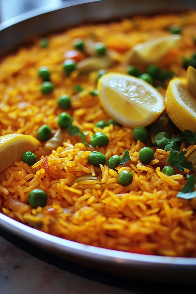 Vegan Spanish Paella with Artichokes, Peas, and Saffron Rice