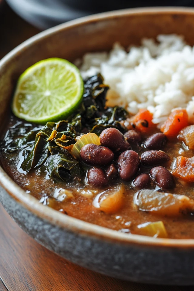 Vegan Brazilian Black Bean Stew with Rice and Collard Greens