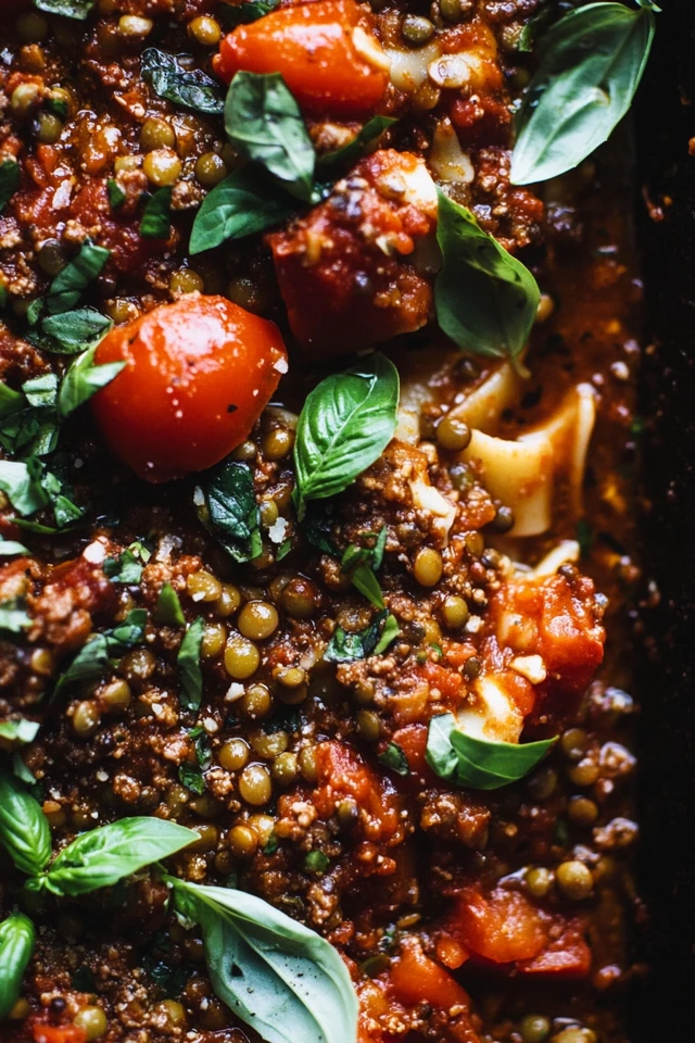 Rich Vegan Bolognese with Lentils, Tomatoes, and Fresh Herbs