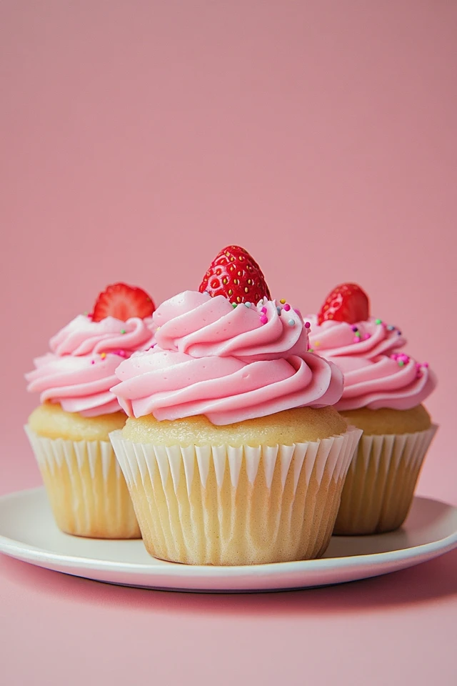 Fluffy Vegan Vanilla Cupcakes with Strawberry Frosting