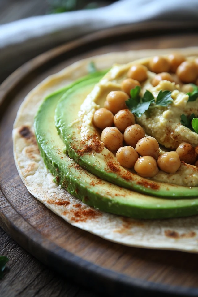 Savory Vegan Chickpea & Avocado Wraps with Spicy Hummus