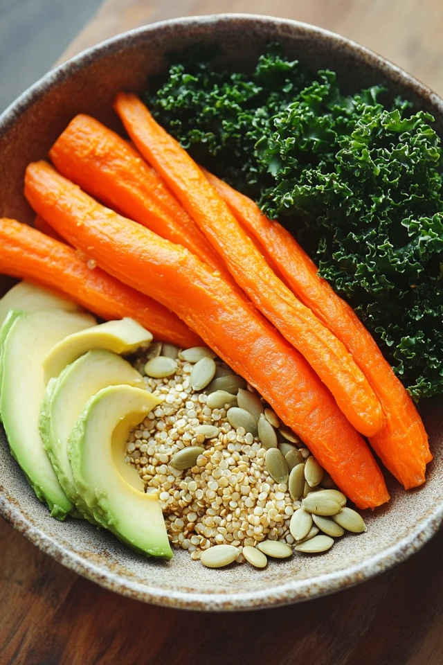 Hearty Vegan Buddha Bowls with Roasted Carrots, Kale, and Pumpkin Seeds