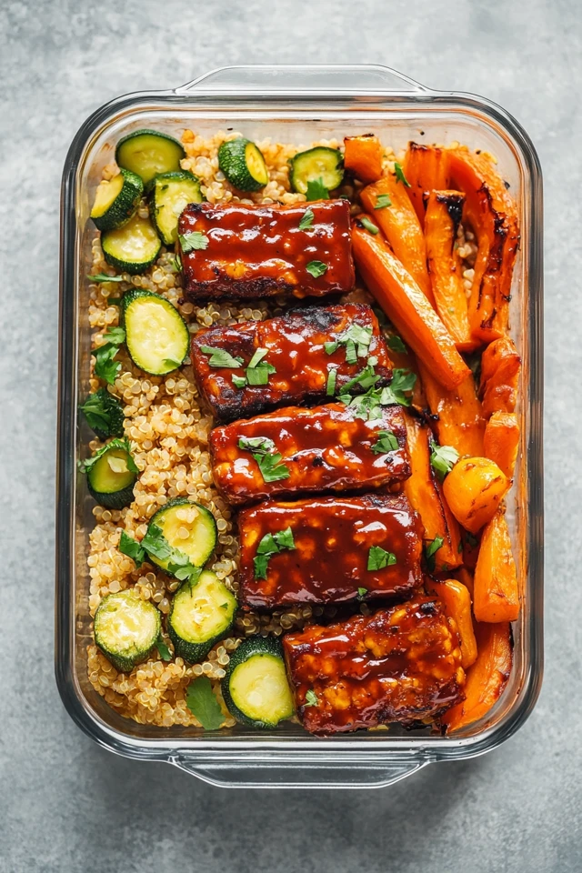 Vegan BBQ Tempeh with Roasted Vegetables and Quinoa for Meal Prep