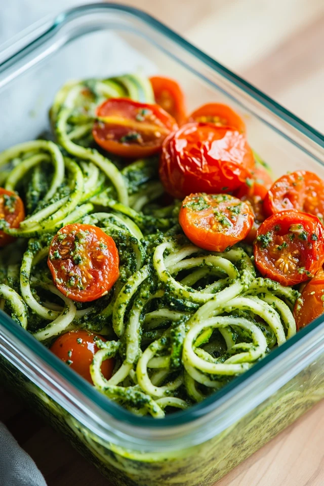 Vegan Zucchini Noodles with Pesto and Roasted Tomatoes for Meal Prep