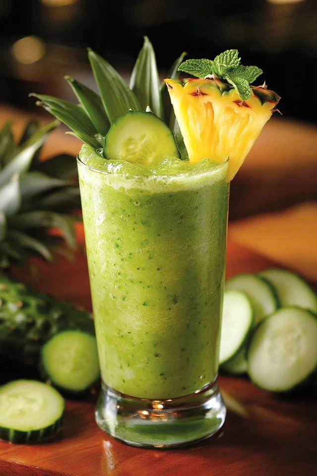 Vegan Green Glow Smoothie with Spinach, Cucumber, and Pineapple