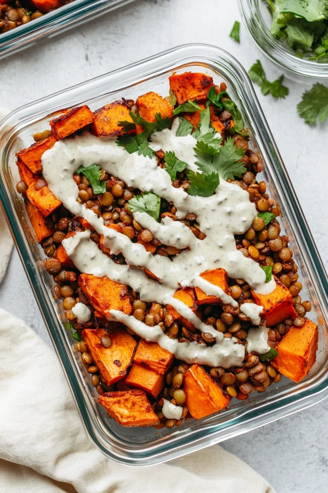 Flavorful Vegan Sweet Potato & Lentil Meal Prep with Garlic Tahini Sauce