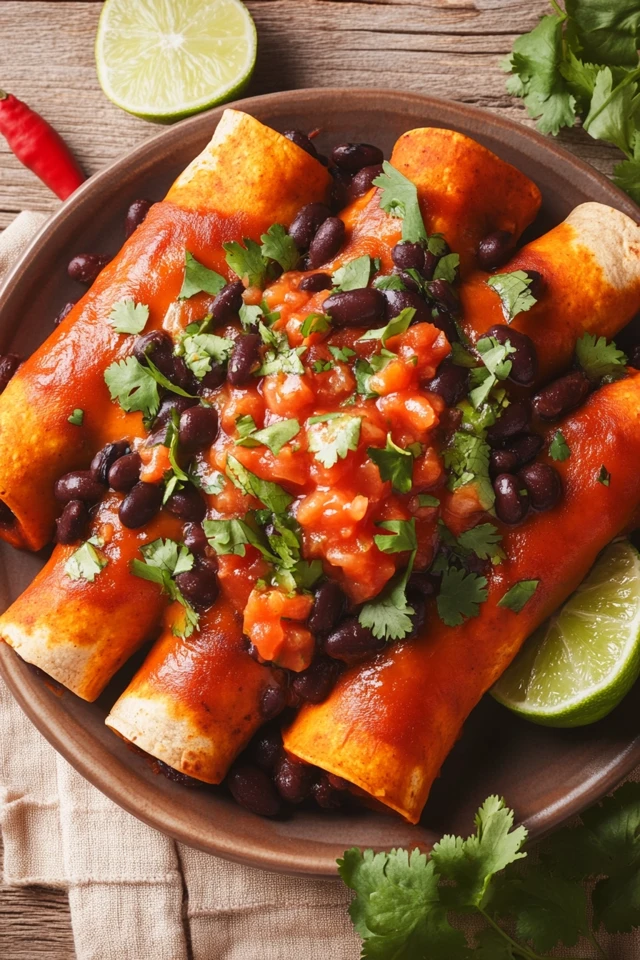 Warm Vegan Sweet Potato and Black Bean Enchiladas with Zesty Salsa