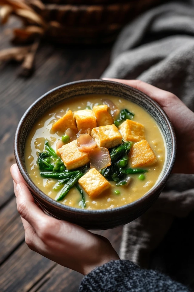 Soul-Warming Vegan Split Pea Soup with Smoky Ham-Style Tofu