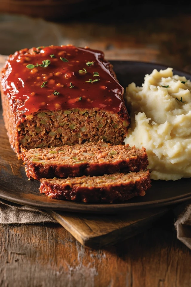 Delicious Vegan Meatloaf with a Tangy Tomato Glaze and Mashed Potatoes