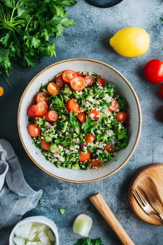 Vegan Lebanese Tabbouleh Salad with Fresh Parsley and Tomatoes