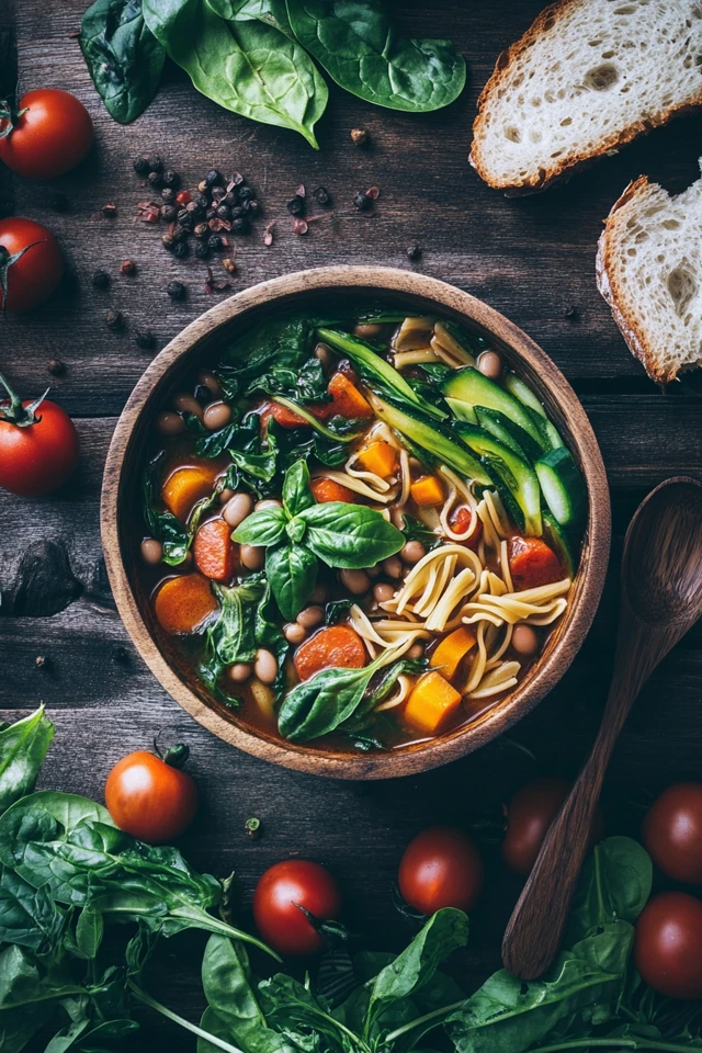 Hearty Vegan Minestrone Soup with Fresh Vegetables and Pasta