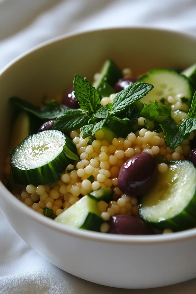 Vegan Mediterranean Couscous Salad with Cucumber, Olive, and Lemon Vinaigrette