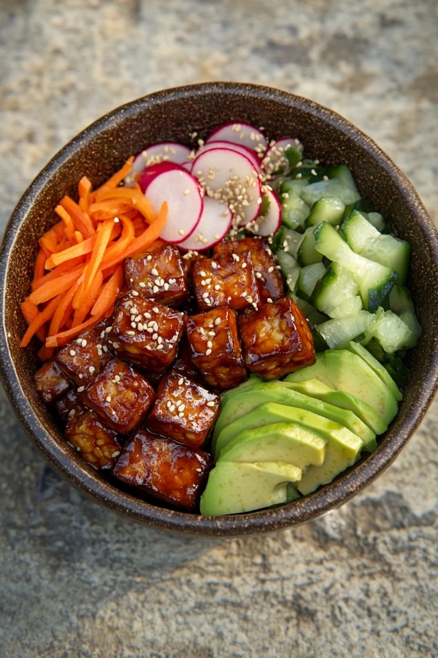 Vibrant Vegan Poke Bowl with Marinated Tempeh and Avocado