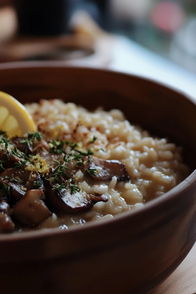 Vegan Mushroom Risotto with Fresh Thyme & Lemon Zest