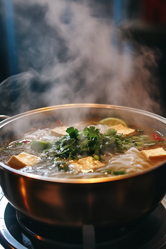 Vegan Vietnamese Pho with Tofu and Fresh Herbs