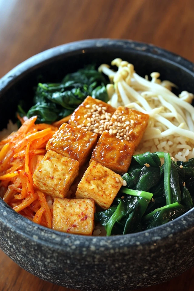 Vegan Korean Bibimbap with Tofu and Veggies