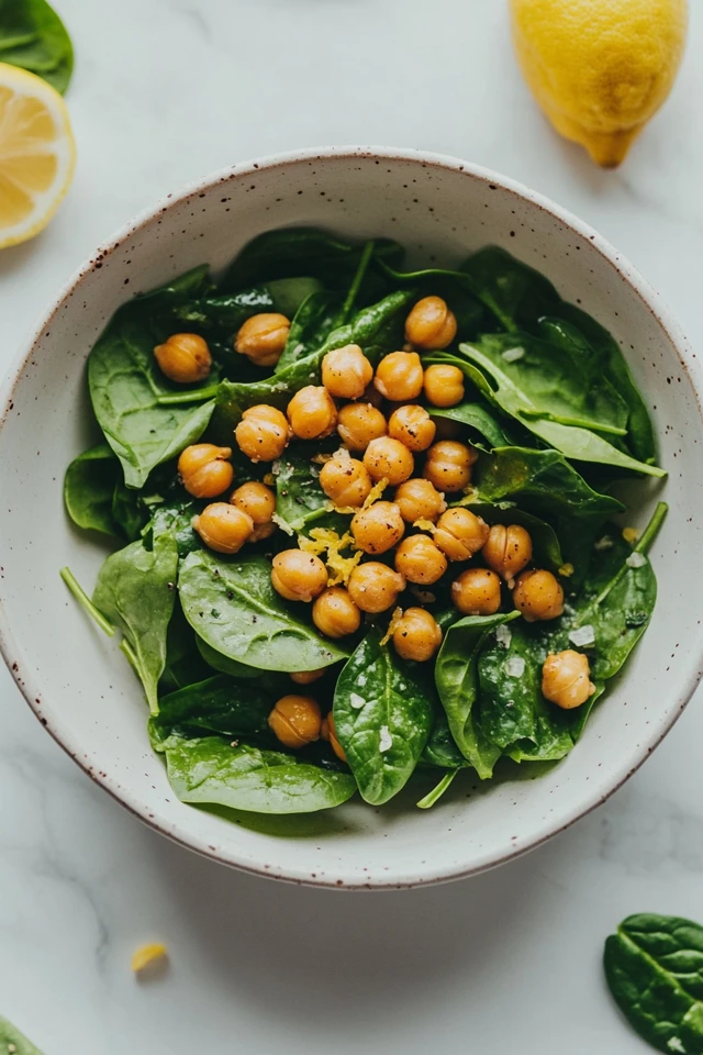 Crispy Chickpea & Spinach Salad with Lemon Garlic Dressing