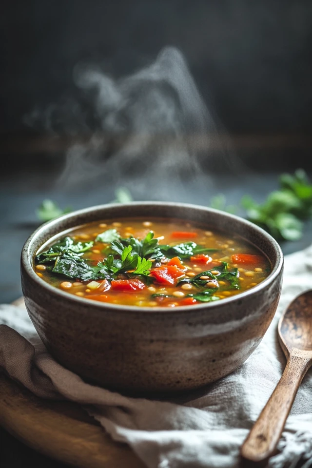 One-Pot Vegan Lentil Soup for Easy Meal Prep with Spinach and Tomatoes